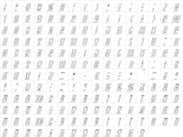 Barcade Outline Italic Outline Italic  glyph index
