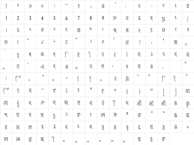 Liza Condensed Regular  glyph index