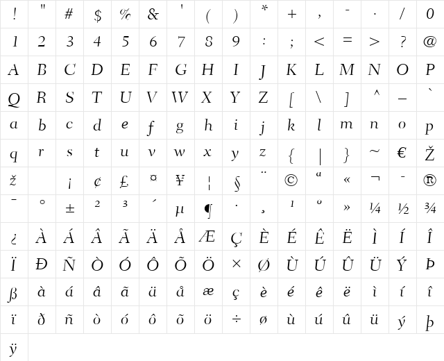 Fairfield LT CaptionLight Regular  glyph index