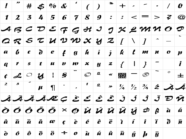 BrushFlairExpanded Regular  glyph index