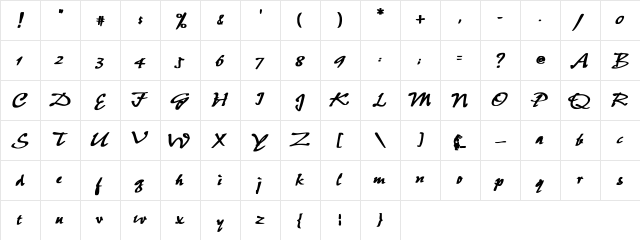 Pepita Bold Bold  glyph index