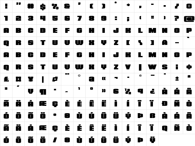 Elephant Gun Expanded Regular  glyph index