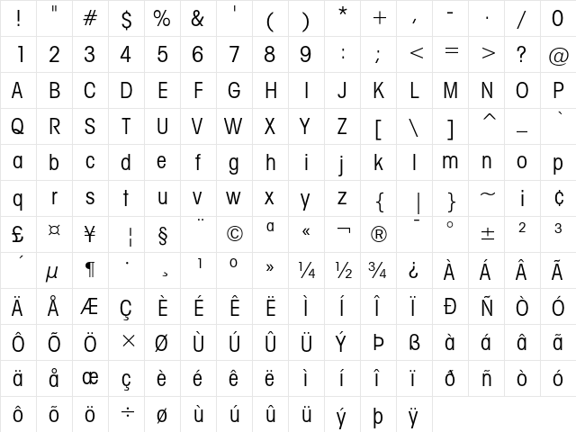 ITC Avant Garde Gothic Book Condensed  glyph index