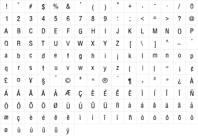Bern cond Regular  glyph index