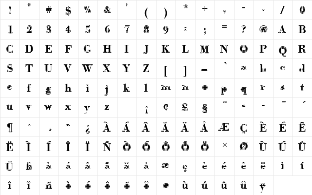 BodoniAntTDemBolIn1 Regular  glyph index
