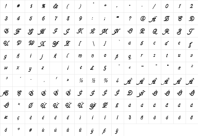 Glasshouse Regular  glyph index