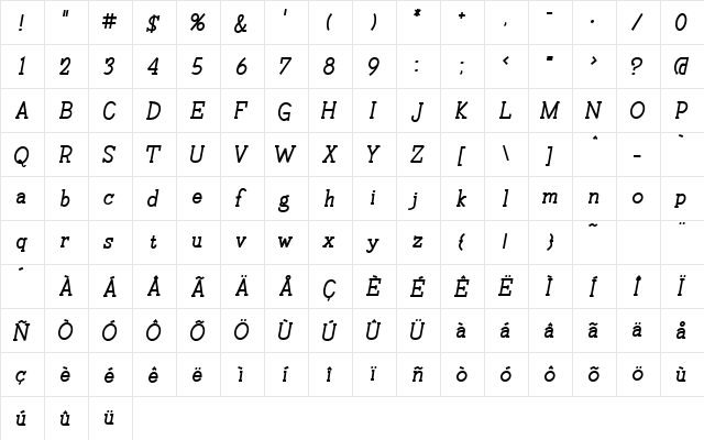 FHExcelsior Regular  glyph index
