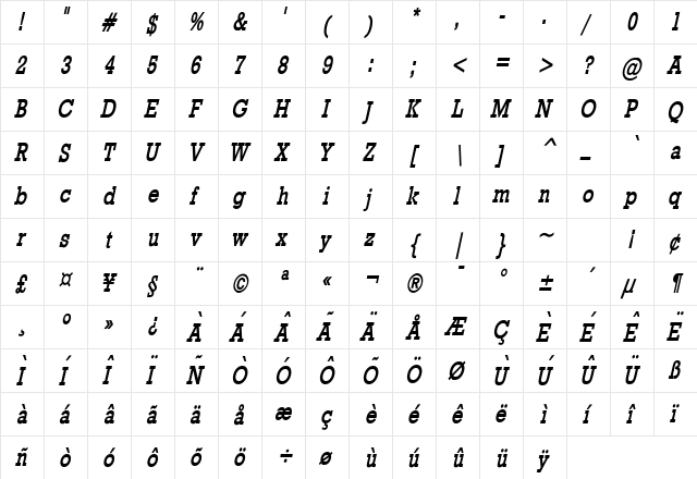 Geo 986 Thin Bold Italic  glyph index