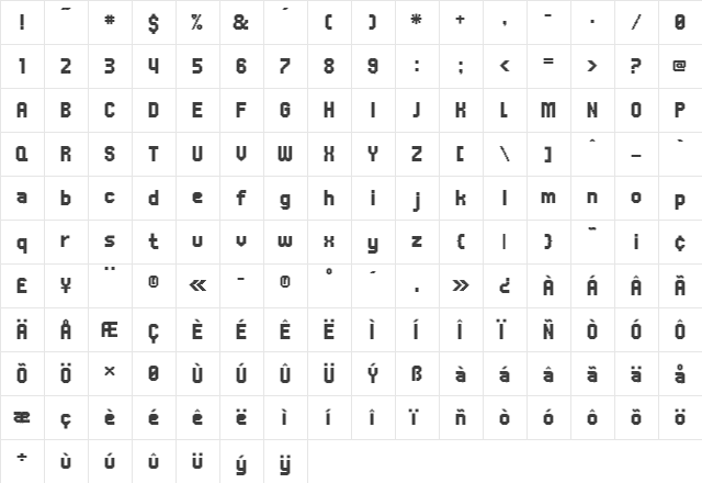 UNDA Regular  glyph index