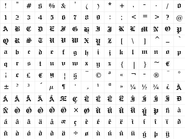 EngrvrsOldEng Bd BT Bold  glyph index