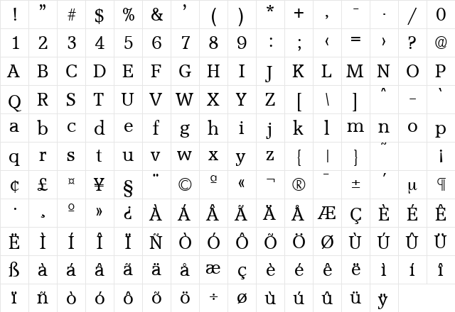 Accolade-Serial DB Regular  glyph index
