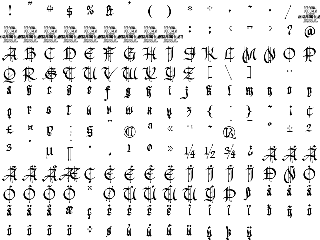 Cruz Quaste PERSONAL USE ONLY Regular  glyph index