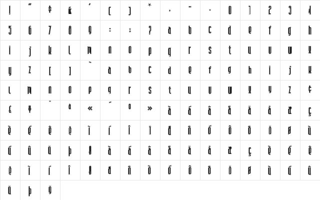 AndironOutline Regular  glyph index
