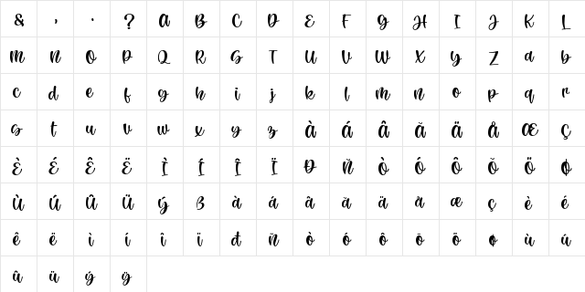 Rachel Lovelyn Regular  glyph index