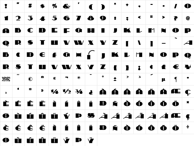Sesquipedalian NF Regular  glyph index
