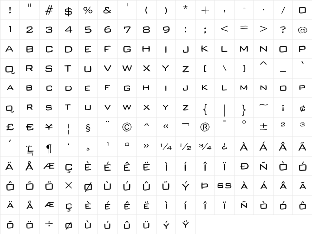 TheBroadWay Regular  glyph index