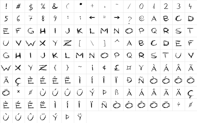 Grungy Style Regular  glyph index