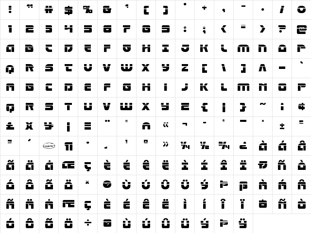 Laser Corps Laser Regular  glyph index