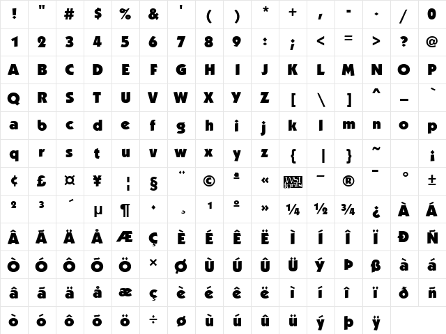 KabobBlack Regular  glyph index