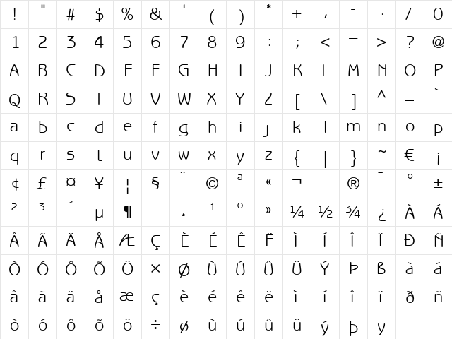 BenguiatGothic LT Book Regular  glyph index