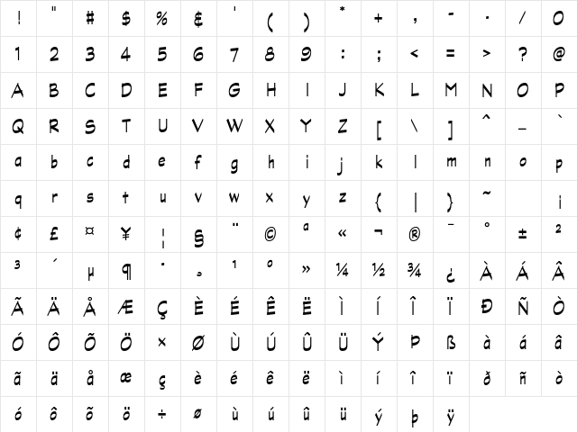 Graphite AT Narrow Bold Regular  glyph index