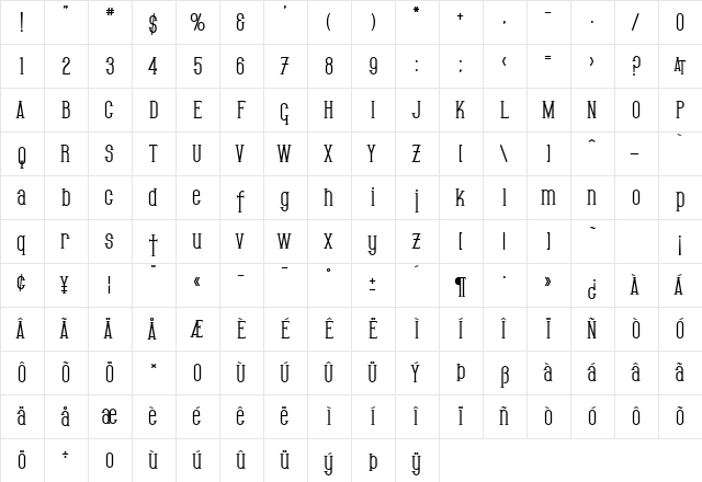 SF Gothican Bold  glyph index
