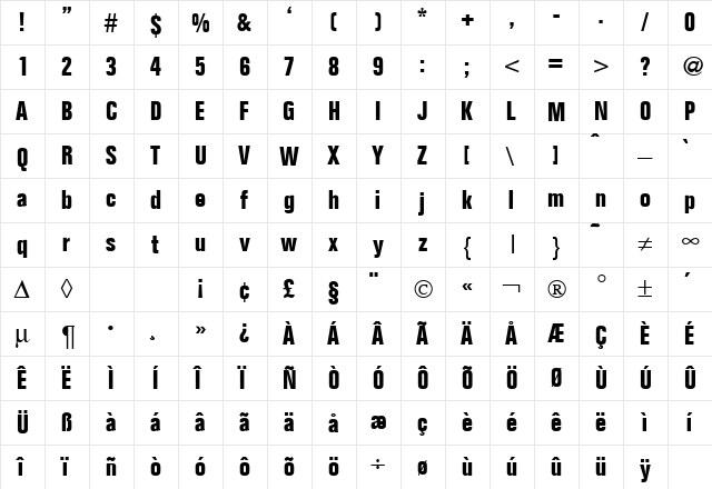 FocusCond Bold  glyph index