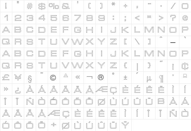 Micro TechnicExtOutline  glyph index