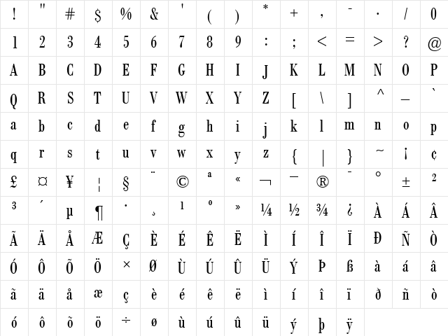 BodoniBE-Condensed Roman  glyph index