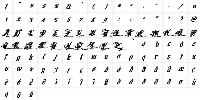 Cretino Ink Regular  glyph index