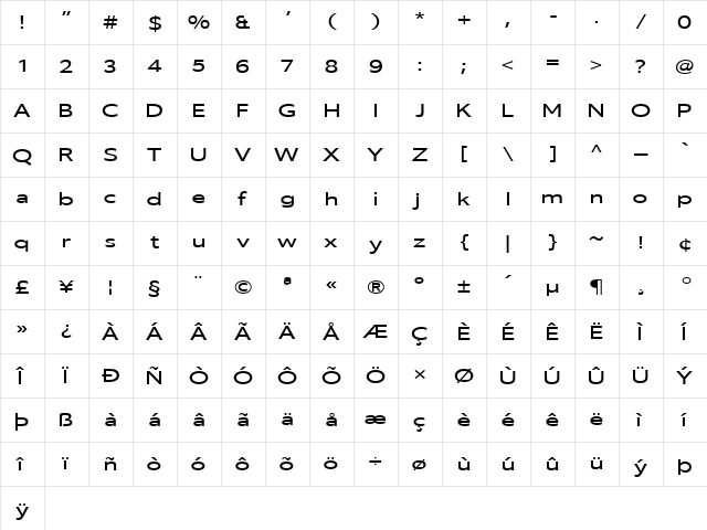 Vilsuve Regular  glyph index