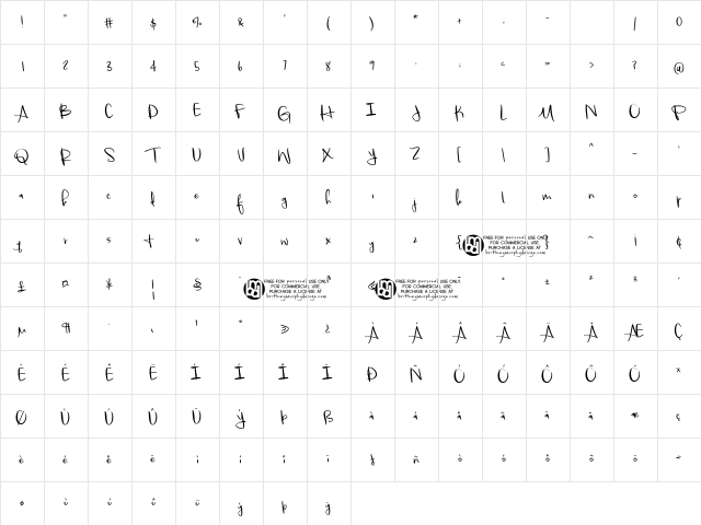 Beautiful Things Regular  glyph index
