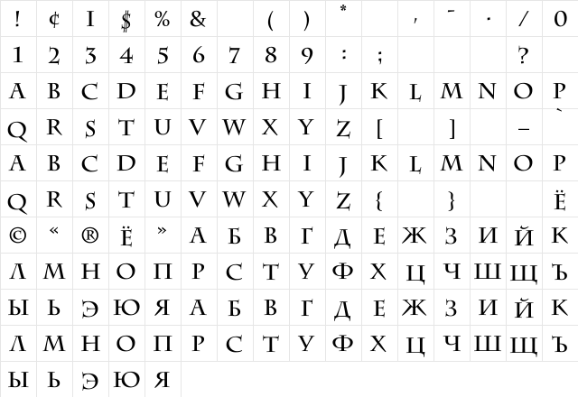 CharlemagneC Regular  glyph index