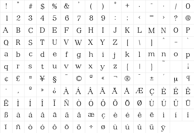 Priamos-Serial-ExtraLight Regular  glyph index