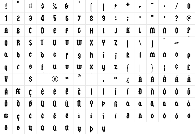 Squealer Regular  glyph index