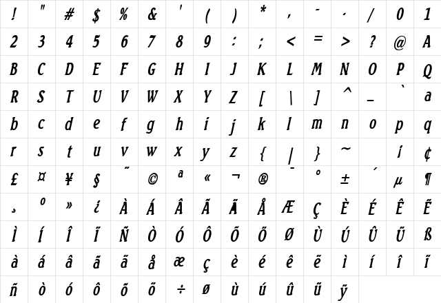 Beach Thin Bold Italic  glyph index