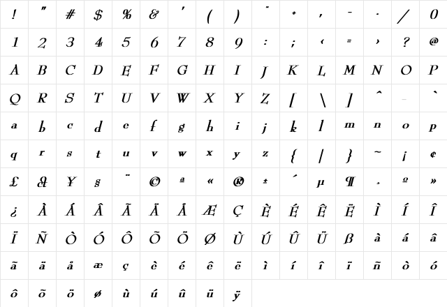 ReedFont bold italic Bold Italic  glyph index