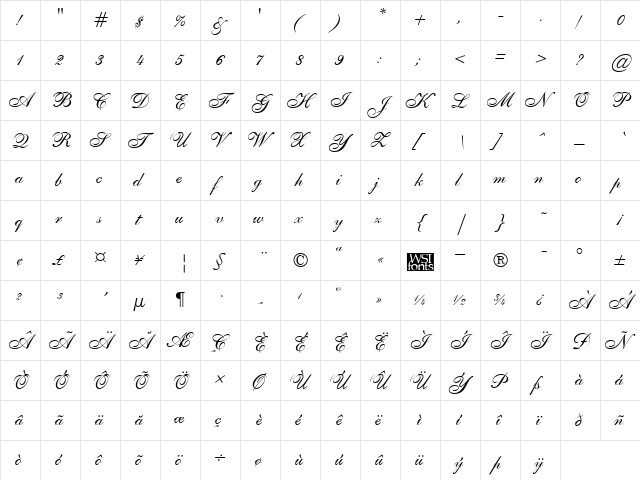 SheerElegance Regular  glyph index