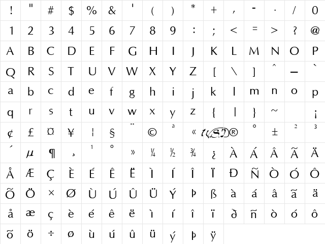 Optane Regular  glyph index