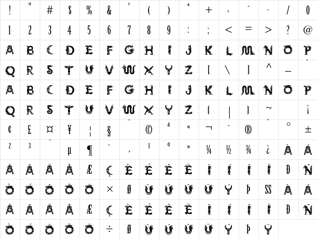 Mythos Std Regular  glyph index