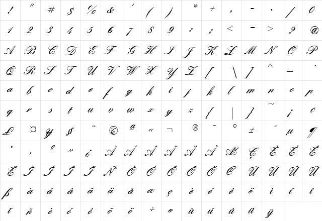 EnglishScriptEF Regular  glyph index