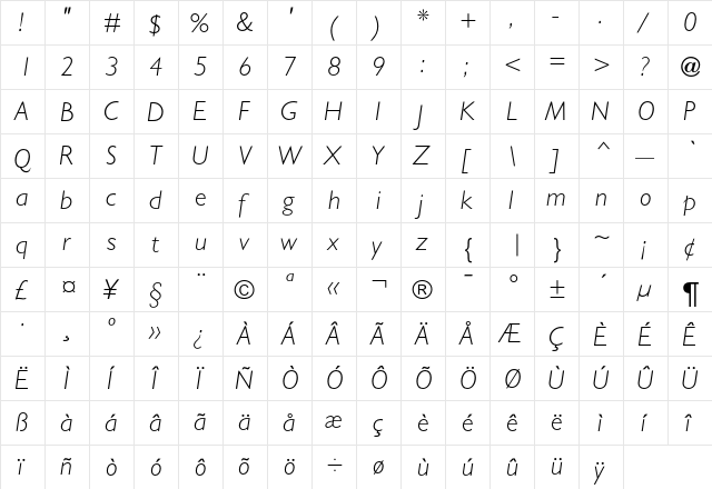 Gentle SansLightItalic  glyph index