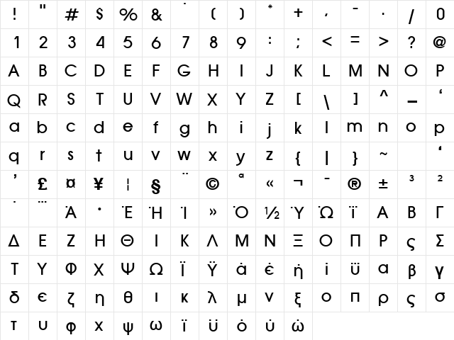 Avante Bold  glyph index