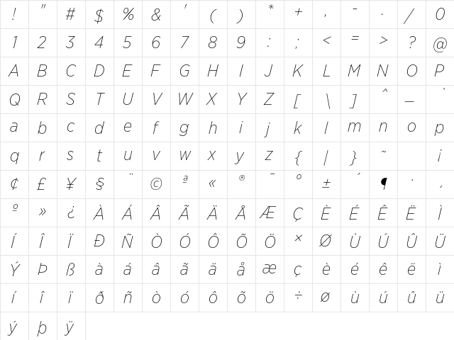 Gotham Narrow Extra Light Italic  glyph index