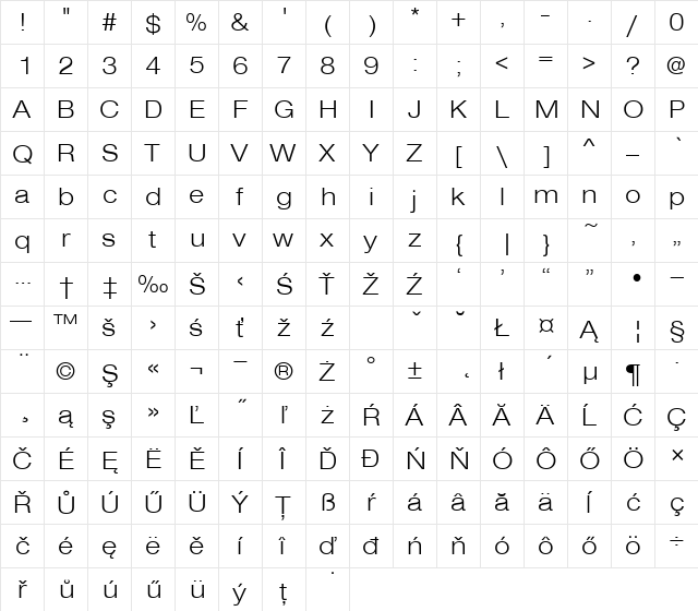 NimbuSanDEELigExt Regular  glyph index