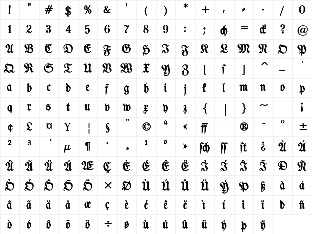 TypographerFraktur Bold  glyph index