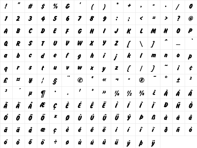 Brush Hand New Regular  glyph index