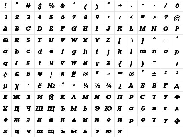 Luga Bold Oblique  glyph index