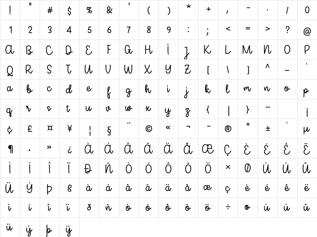 Miss Neally Regular  glyph index