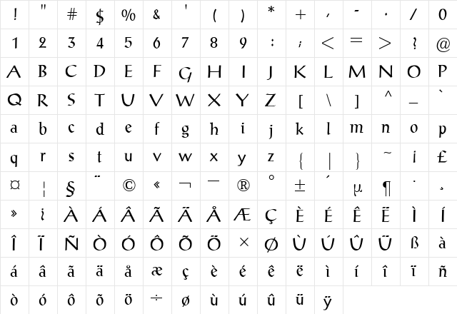 Post-Antiqua BQ Regular  glyph index